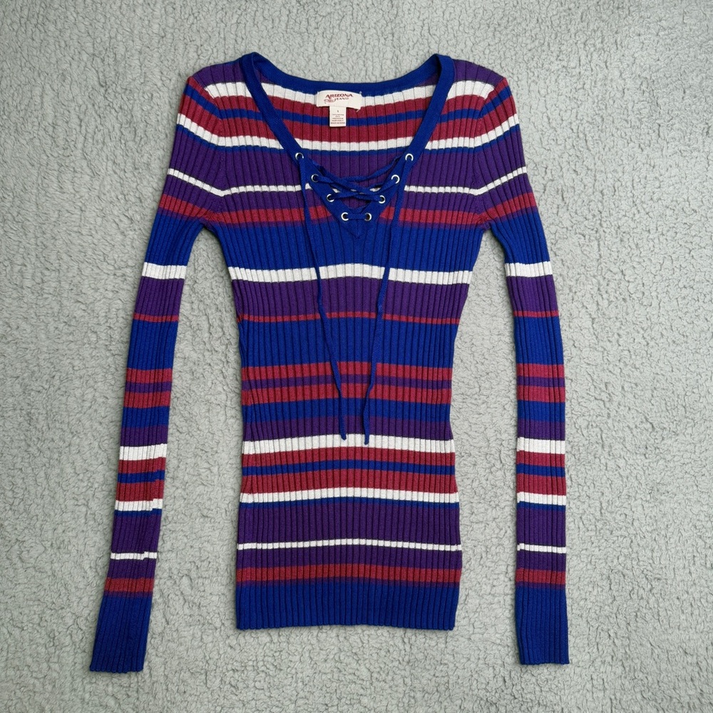 Arizona Jeans ribbed lace up striped sweater top blue purple white size S Y2K - Picture 2 of 8